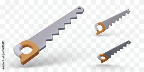 3d realistic saw in different positions. Repair tool, wood concept. Colored product of instrument for poster or online store. Colorful vector illustration in cartoon style