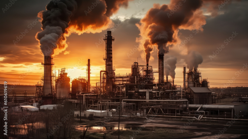 industrial petrochemical factory with chimneys polluting the air. pollution and environmental damage. generative ai