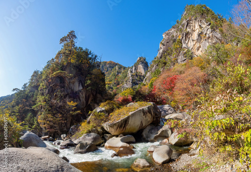 Mountains Japan. City Kofu. Landscape of national park. River in mountains. Kofu park in sunny weather. Tour to Japan. Multi-colored trees on rocks. Kofu region in province of Japan. Autumn landscape