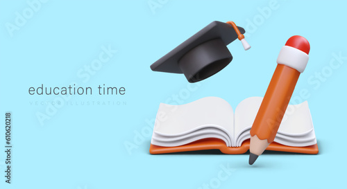 3d vector illustration with pencil, hat and book. Advertising poster, landing page for college concept. Colorful vector illustration in cartoon style with blue background