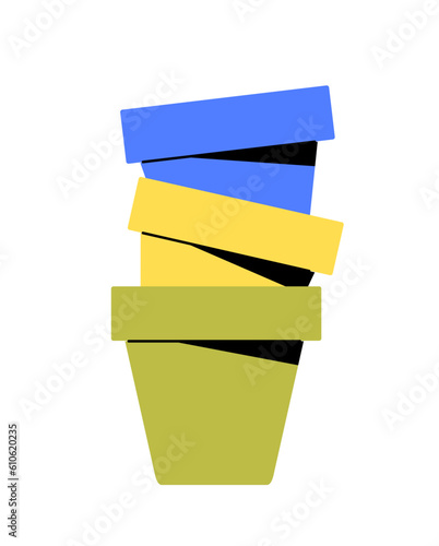 Botanical garden colorful flowerpots concept. Vases for flowers or plants. Botany, agriculture and horticulture. Farming equipment. Cartoon flat vector illustration isolated on white background