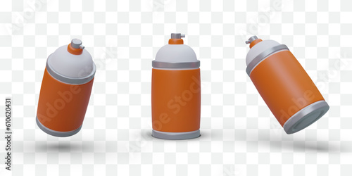 Set of 3D cans with sprayer. Sprays for repair, construction, painting works. Aerosol paint. Orange pressurized cylinders. Isolated icons. Hair spray, deodorant, disinfectant