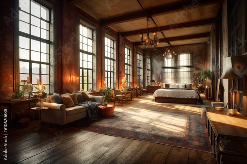 Loft living room with large window, elegant luxury classic home with large windows at sunset. Generative AI 3D render home interior design