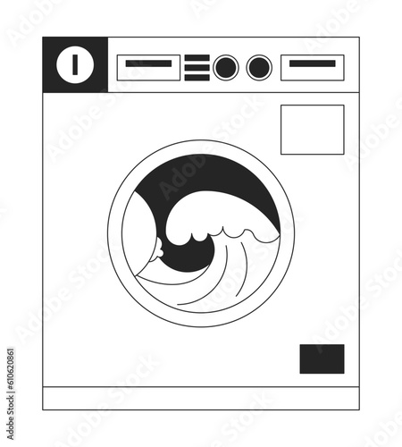 Coin operated washing machine with ocean waves line art vector cartoon icon. Editorial, magazine spot illustration black and white. Outline object isolated on white. Editable 2D simple drawing