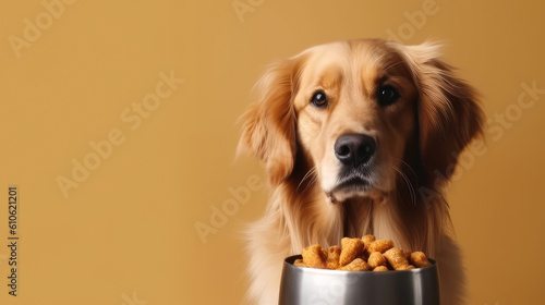 Happy dog with delicious pet food. Generative AI photo
