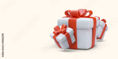 Collection with different presents. 3d realistic gift boxes. Presents and souvenirs for family. Promo poster for online store with place for text. Vector illustration in cartoon style