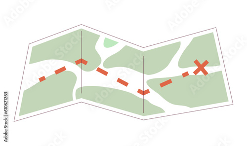 Destination map semi flat colour vector object. Tracking route. Hiking trail map. Orienteering. Editable cartoon clip art icon on white background. Simple spot illustration for web graphic design