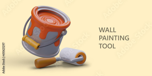 Set for painting wall. 3D bucket with red paint, roller. Painters tools on yellow background. Template for web design in cartoon style. Vector concept of renewal, redesign