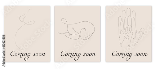 Happy family in continuous line art drawing style. family history, pregnant woman, newborn baby, palms of mom, dad, baby on white isolated background. Vector illustration.