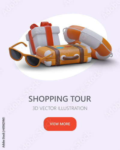Shopping and recreation at sea. Foreign goods, tropical delicacies, unusual souvenirs. Best tours from local guides. Vertical poster with 3D illustration, text, red link button