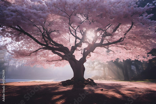 Blooming cherry blossom tree with a wide-angle lens during the soft morning light. Generated AI