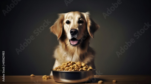 Happy dog with delicious pet food. Generative AI