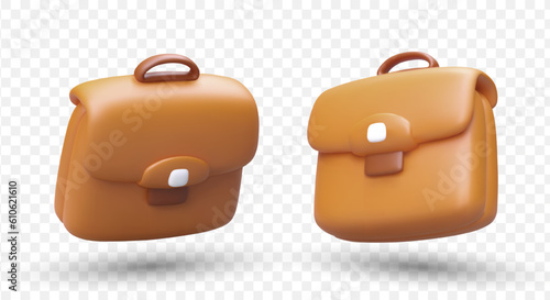 Two realistic briefcases, view from different sides. 3D cases with shadows. Closed portfolio bag with clasp. Handbag for documents. Office and student accessories