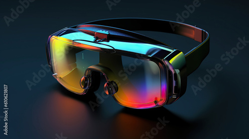 Virtual reality vibrant helmet on black background in neon style. VR, future, gadgets, technology concept. © masyastadnikova