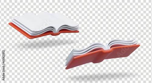 3D open book in different positions. Hardcover volume, top, bottom view. Tome with blank pages. Set of vector illustrations with shadows. Isolated image