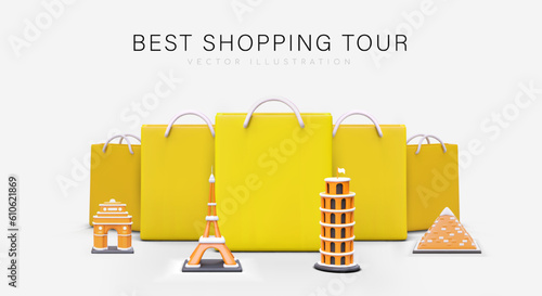 Best shopping tours. Relaxation for shopaholics. Row of giant yellow 3D paper bags with realistic world landmarks. Advertising banner with cartoon elements