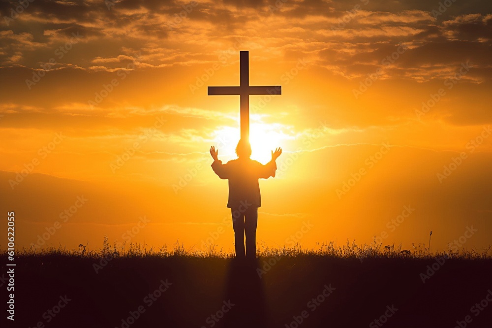 Silhouette of Man Standing in Front of Cross at Sunset - AI Generative