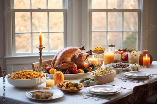 Thanksgiving Turkey Dinner on table  AI Generative
