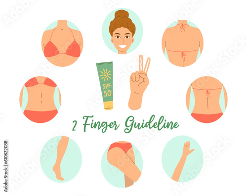 Two finger rule for sunscreen instructions. Summer skincare and protection concept. Hand with SPF cream on two fingers. How much to apply and on which parts of the body. Flat vector illustration