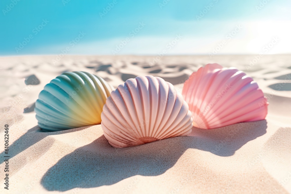 Colorful seashells on the beach with sand. Summer time concept. Generated AI. Colorful seashells on the beach with sand. Summer time concept. Generated AI.