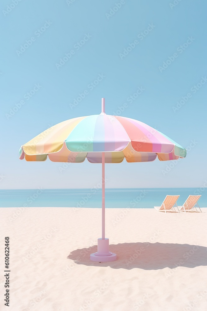 Colorful sun umbrella on the beach with sand. Summer time concept. Generated AI.