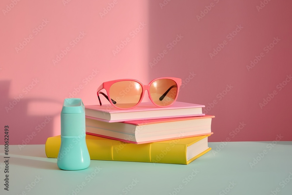 Colorful books, glasses, glass, on a table. Minimal pop up design. Generated AI. Colorful books, glasses, glass, on a table. Minimal pop up design. Generated AI.