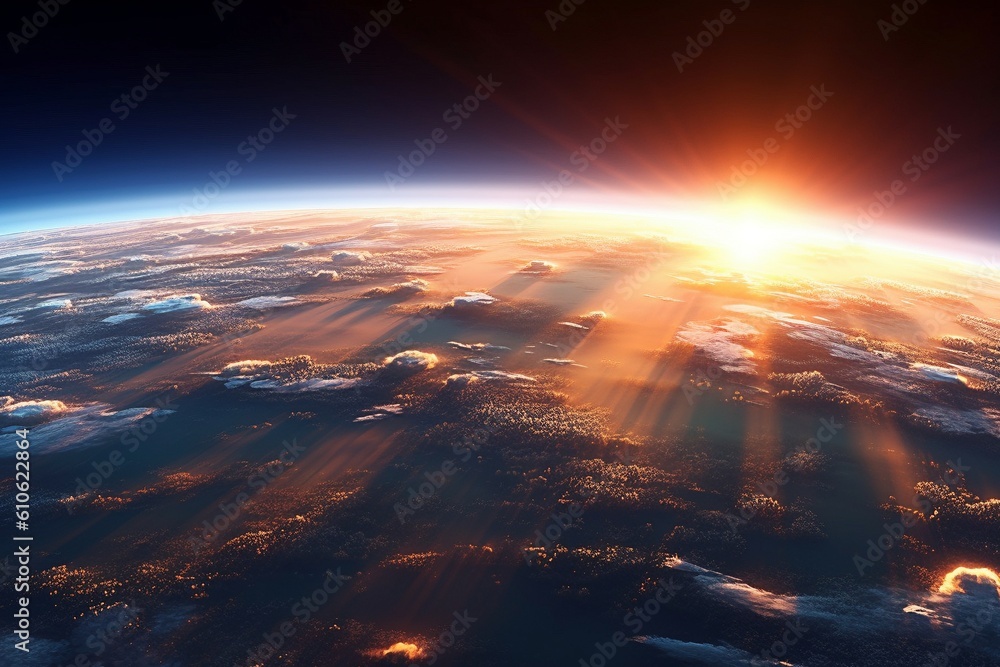 A breathtaking view of sunrise from space as sunrays illuminate the Earth's atmosphere, highlighting the planet's curves against the darkness of space with clouds glistening below. A breathtaking view of sunrise from space as sunrays illuminate the Earth's atmosphere, highlighting the planet's curves against the darkness of space with clouds glistening below.
