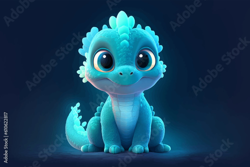 Super cute Blue little baby dragon with big red eyes. Fantasy monster. Small Funny Cartoon character. Fairytale animal. Isolated on black. Full body. 3d vector illustration for children