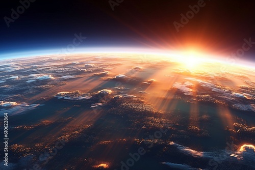 Wallpaper Mural Earth planet curves from orbit with sunrise over the horizon and glowing atmosphere against the darkness of deep space Torontodigital.ca