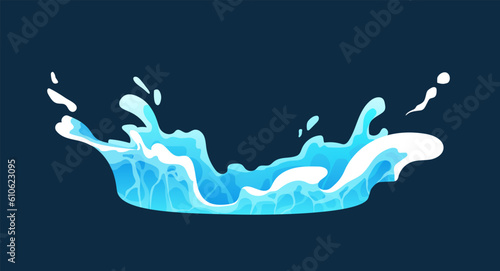 Liquid water splash concept. Aqua and H2O drops. Sea and ocean, river and lake. Purity and freshness symbol. Template and mock up. Cartoon flat vector illustration isolated on dark background