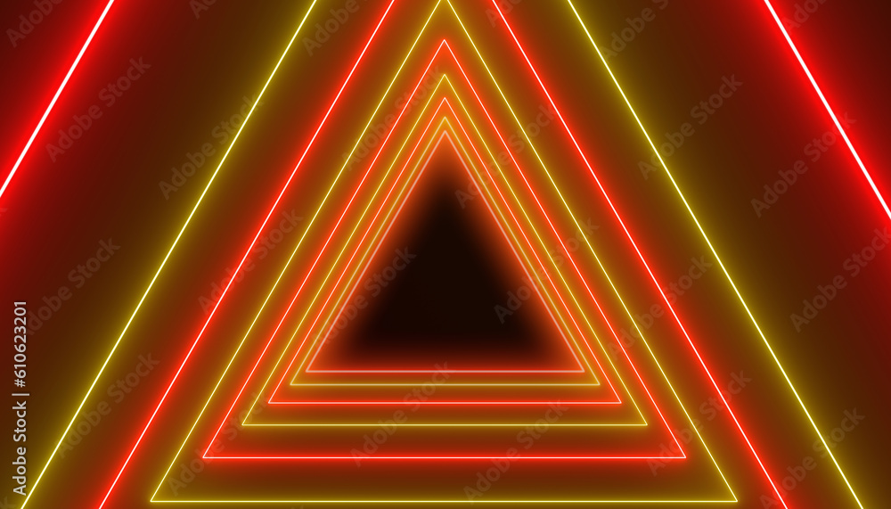 Illustation of many triangles in neon yellow and neon red on dark background. - abstract background