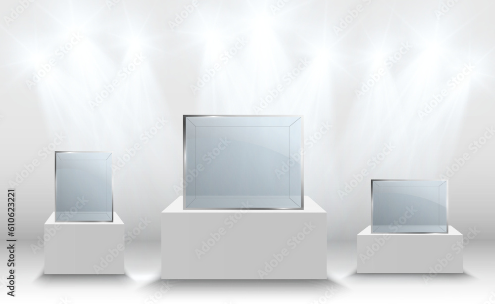 Glass showcase for the exhibition in the form of a cube. Background for sale illuminated by spotlights. Museum glass box isolated advertising or business design boutique. Exhibition hall.
Glass showcase for the exhibition in the form of a cube. Background for sale illuminated by spotlights. Museum glass box isolated advertising or business design boutique. Exhibition hall.