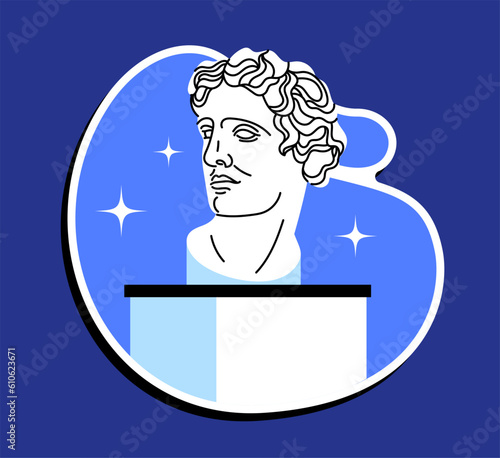 Sticker with bust in museum. Ancient relic and fossil, culture of ancient rome and greece, ancient god. Exhibition or gallery. Historical object. Cartoon flat vector illustration