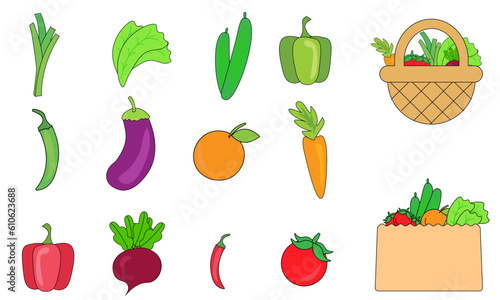 set of fresh fruits and vegetables icons