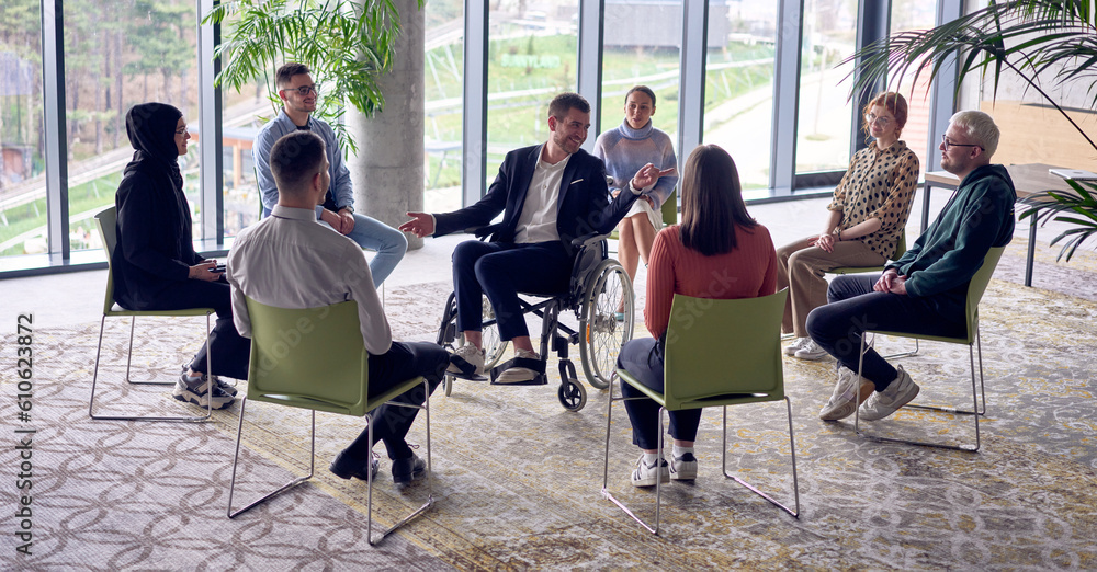 A businessman in a wheelchair in the center of the circle, passionately sharing his business ideas with his colleagues, fostering an atmosphere of collaboration and innovation in a dynamic and