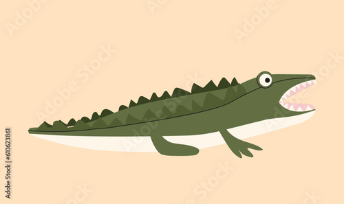 Nursery room crocodile toy concept. Comfort and coziness. Tropical and exotic animal. Sticker for social networks and messengers. Cartoon flat vector illustration isolated on beige background