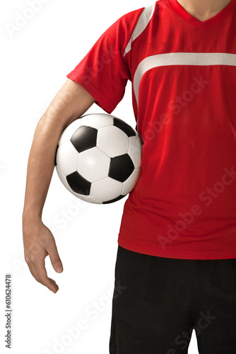 Portrait of a young professional soccer player holding a ball