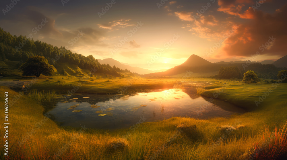 Fototapeta premium Tranquil sunrise over the lake in the mountains Made with Generative AI