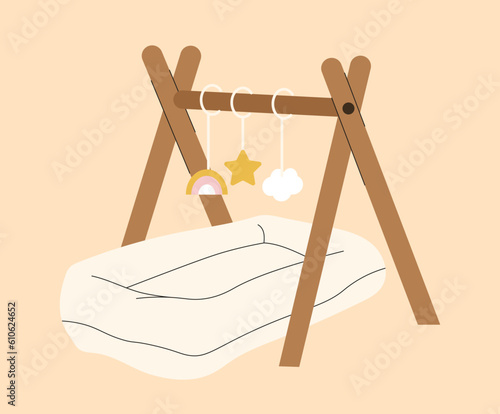 Nursery room crib concept. Comfort and coziness. Bed with toys on pendant, rainbow, cloud and star. Rest and relax, dream. Cartoon flat vector illustration isolated on beige background