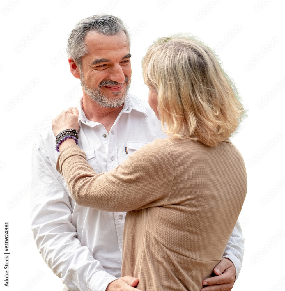 Elderly American couple cherishing retirement, sharing a warm embrace on a pristine white backdrop. Blissful moments of togetherness and fulfillment. Elderly American couple cherishing retirement, sharing a warm embrace on a pristine white backdrop. Blissful moments of togetherness and fulfillment.