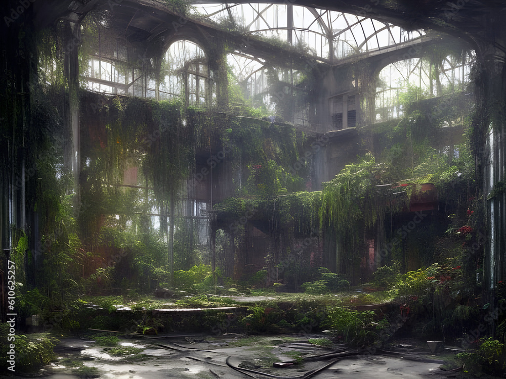 interior of a large abandoned derelict building overgrown with trees and plants, apocalyptic fantasy concept art. generative ai illustration. generative ai