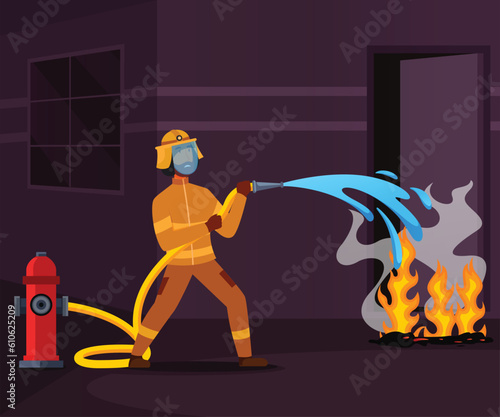 person with a burning extinguisher, illustration of a burning fire