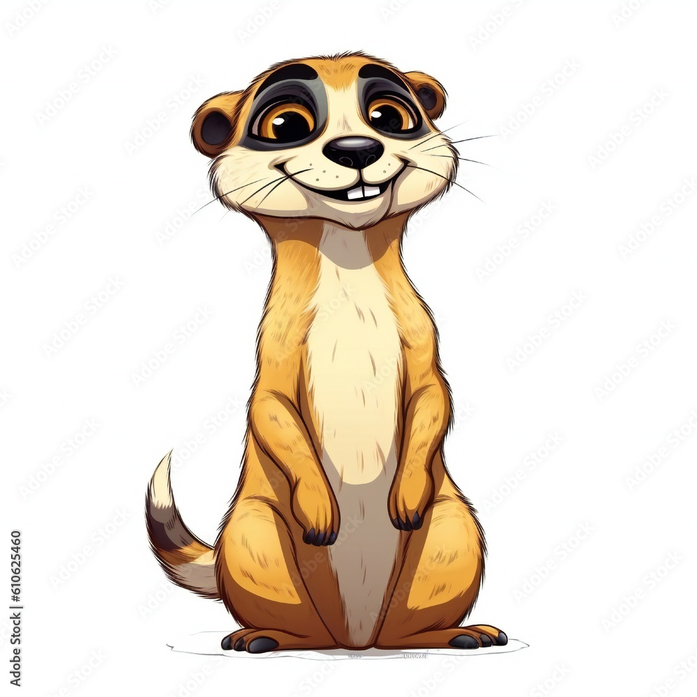 Obraz premium Happy meerkat mongoose cartoon on white background Generative AI