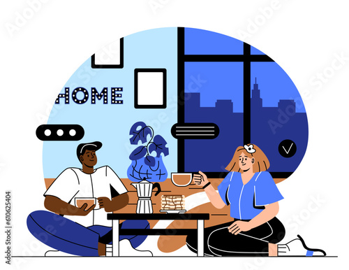 Romantic talk at home. Man and woman sitting in apartment with mugs of hot drinks, coffee and tea. Date and love, romantic relationship. Young couple rest indoor. Cartoon flat vector illustration