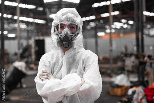 Obraz na plátně Industrial waste inspector wearing personal protective equipment to check hazardous chemicals, radioactive and toxic substances