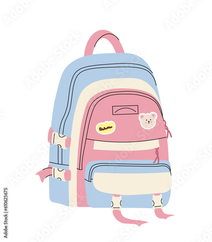 Pink school backpack concept. University, college or school. Education and training. Trendy accessory. Poster or banner. Cartoon flat vector illustration isolated on white background