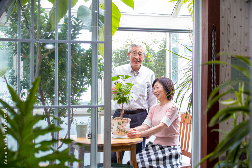 Φωτογραφία 自宅のサンルームでガーデニングを楽しむ日本人のミドルの夫婦　