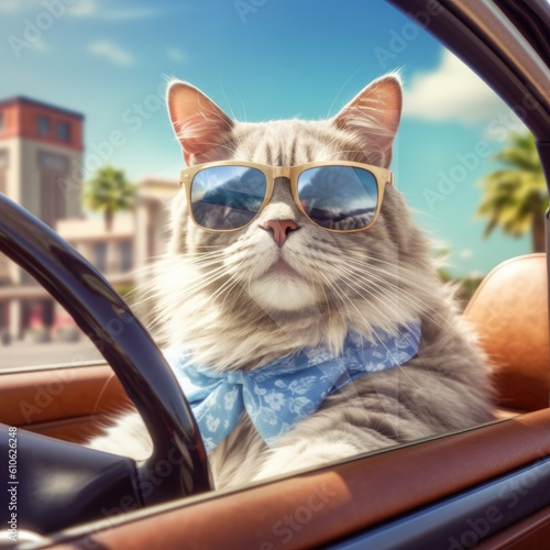Cat in sunglasses driving open car on summer vacation Generative AI