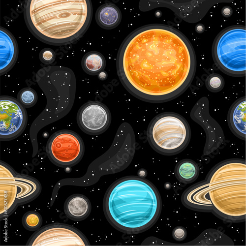 Vector Space Seamless Pattern, square repeat background with illustration of variety planets and stars for wrapping paper or bed linen design, decorative cosmo cover with black starry space background