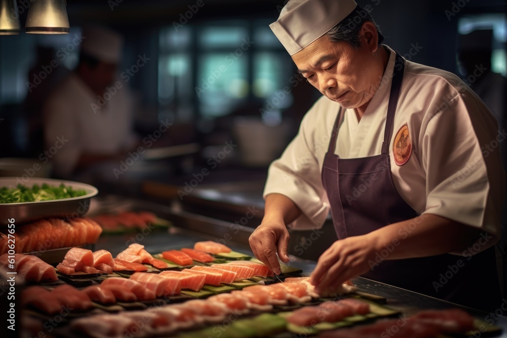 Master making a sushi roll with nori, rice, cucumber and omelet using bamboo mat. Closeup view of process. ai generated Master making a sushi roll with nori, rice, cucumber and omelet using bamboo mat. Closeup view of process. ai generated